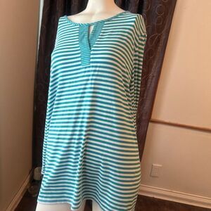 Chico's Teal/White stripe peep hole front roll tab sleeves top, size 3/16